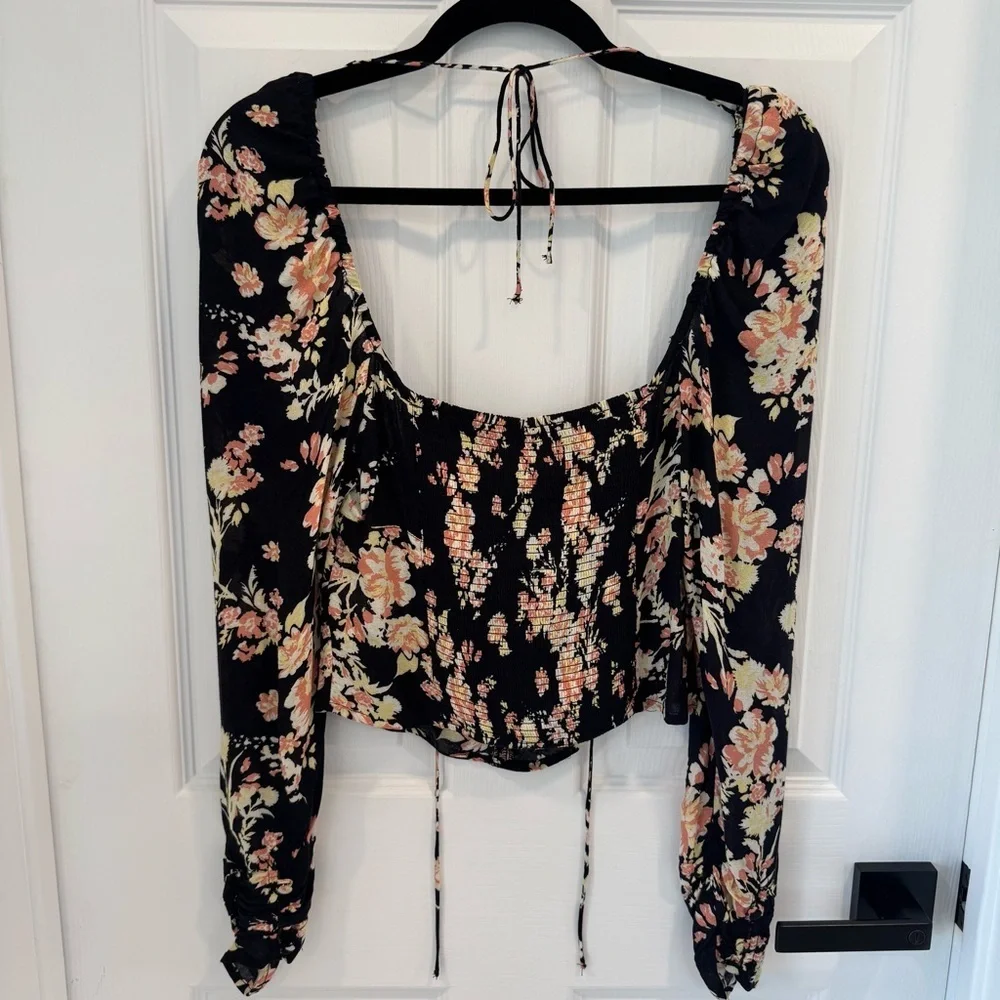 Free People NWT Hilary Printed Top Black Floral Long Sleeve